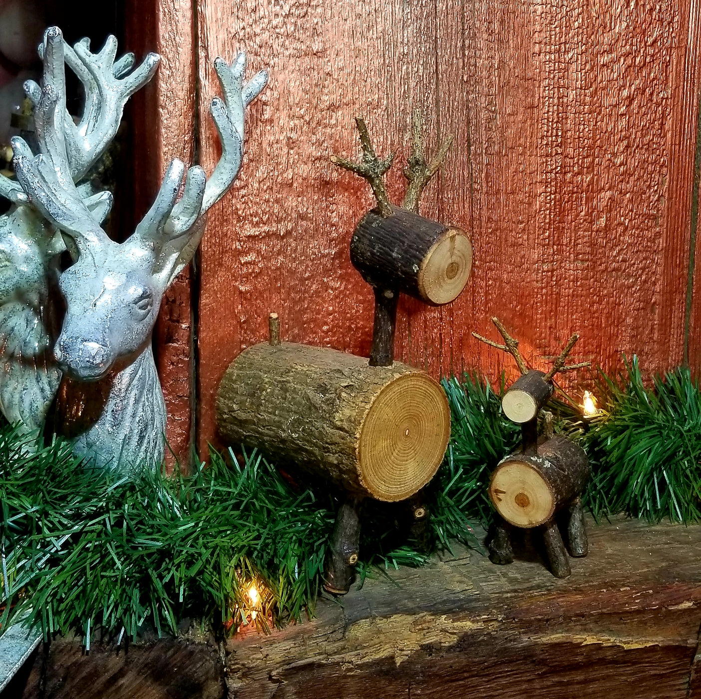 Wood Deer Decoration Rustic Table Top Wood Deer Handmade Wood Deer H   DeerCoupleChristmasMantel 1406x1400 